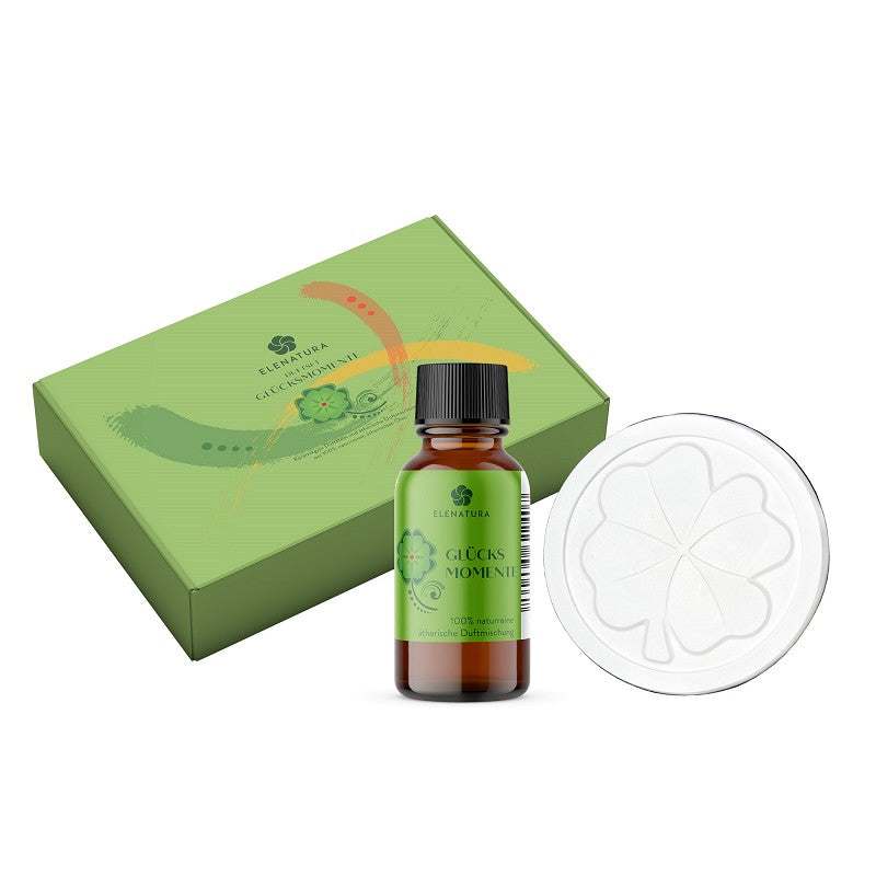 Duftset Glücksmomente mit Duftmischung, Duftstein Kleeblatt und Broschüre in Geschenkverpackung