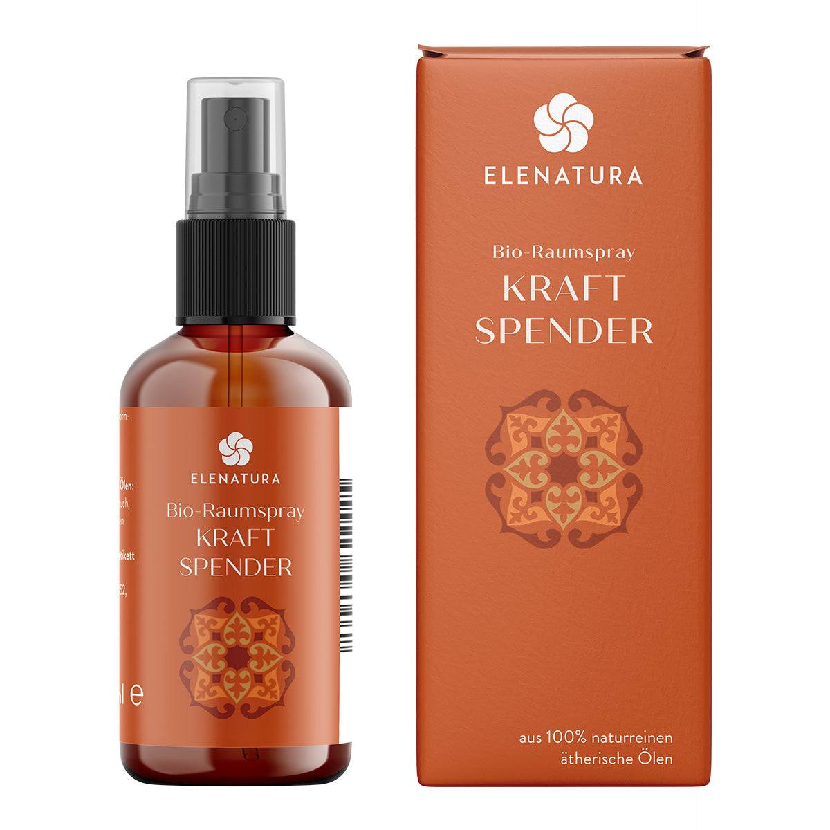 Raumspray Kraftspender 50 ml bottle with lemongrass, tonka, vetiver, frankincense, and ylang ylang scent blend