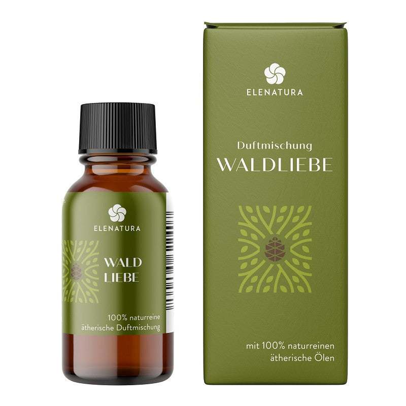 Flasche Duftmischung Waldliebe 10 ml mit bio Edeltanne, Zeder und Bergamotte vor Waldhintergrund