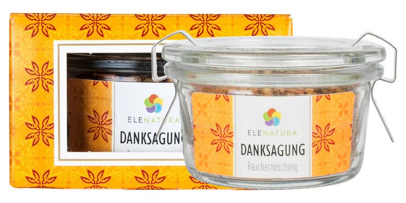 Flasche der Räuchermischung "Danksagung" 48 ml mit Sandelholz und Weihrauch vor hellem Hintergrund