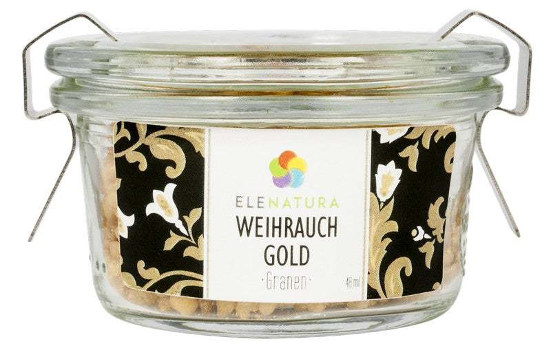 Weihrauch Granen gold 48 ml with fresh citrus and resinous scent in golden granules container