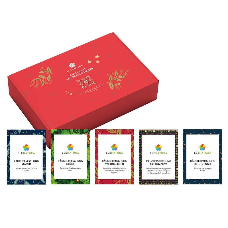 Räucherset Weihnachtszauber mit fünf Weihnachtsräuchermischungen, Räucherkohle und Broschüre in Geschenkverpackung