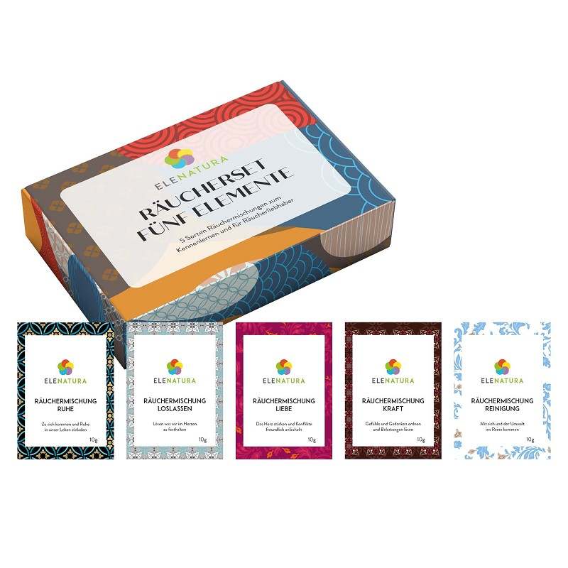 5 Elemente Räucherset Geschenkbox mit 5 Räuchermischungen, Räucherkohle, Räuchersand und Broschüre